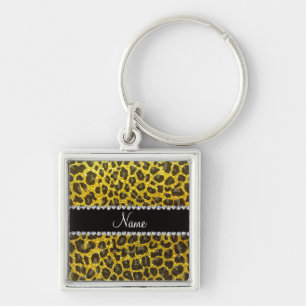 Custom name neon yellow glitter leopard print key ring