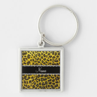 Custom name neon yellow glitter leopard print key ring