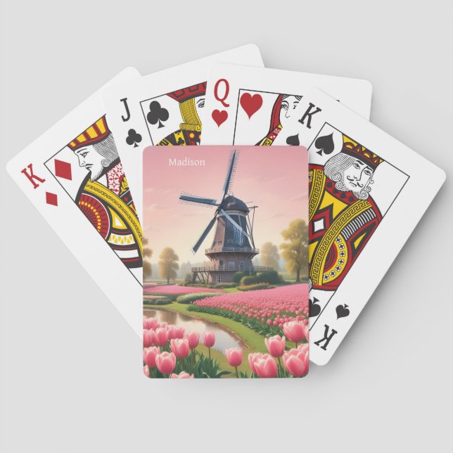 Custom Name Netherlands Windmills Playing Cards (Back)