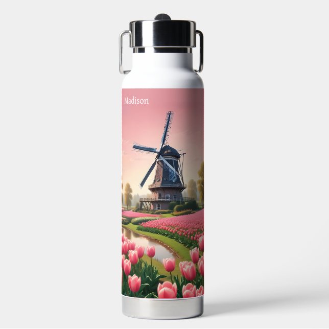 Custom Name Netherlands Windmills Water Bottle (Front)