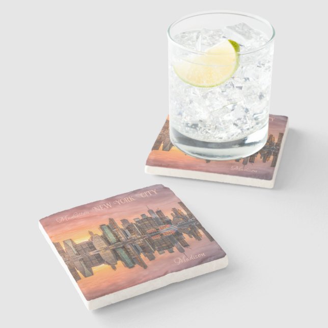 Custom Name New York City Skyline Stone Coaster (Side)