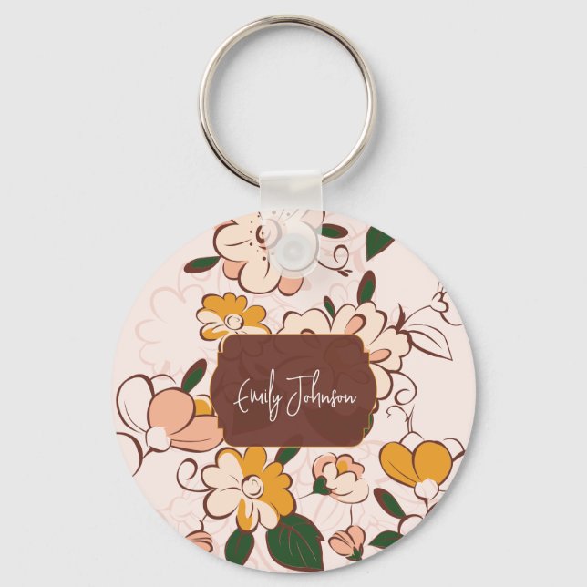 Custom Name Nostalgic Flower Garden Beige Pink Key Ring (Front)