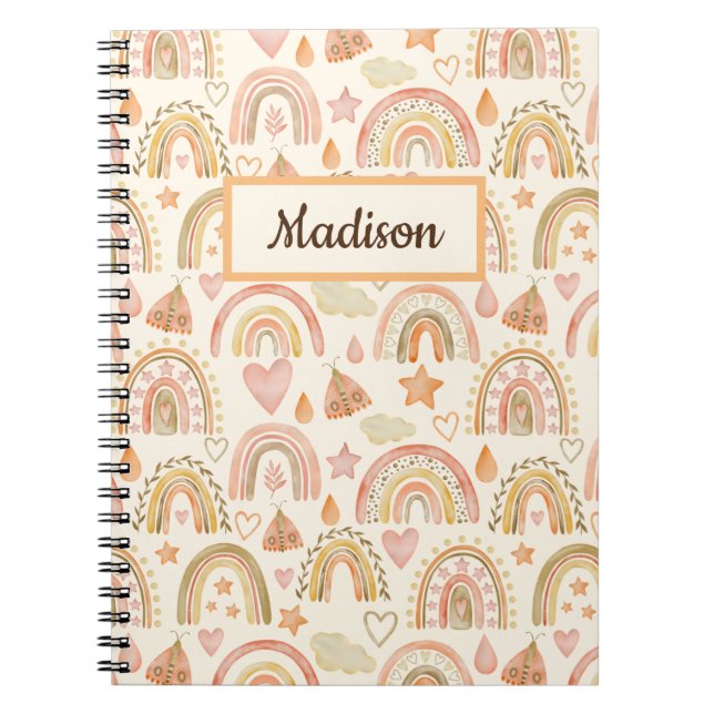 Custom Name Notebook Gift Boho Rainbows Earthy (Front)
