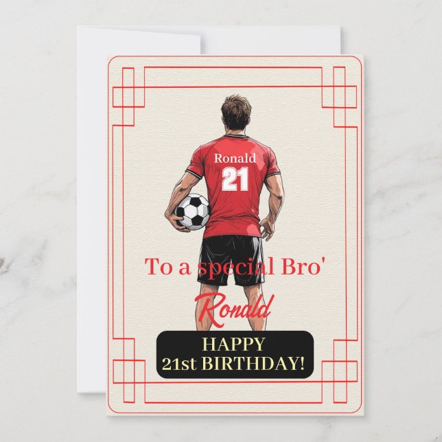 Custom Name Number and Text Birthday Soccer Man Holiday Card (Front)