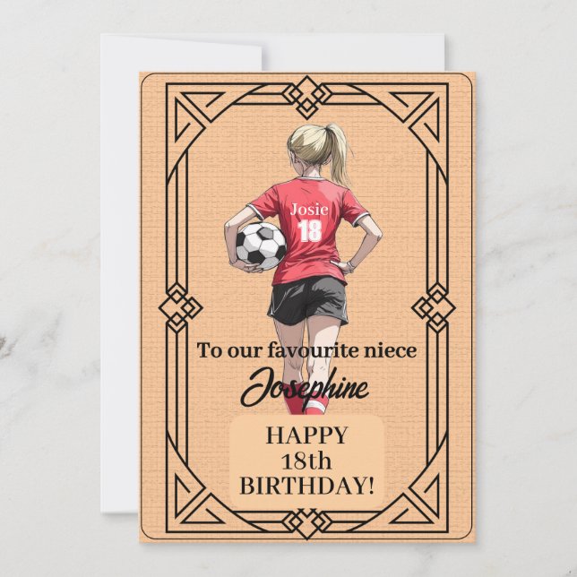 Custom Name Number and Text Birthday Soccer Woman Holiday Card (Front)