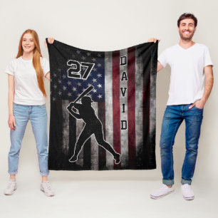 Custom Name & Number Baseball Usa Flag Printed Bla Fleece Blanket