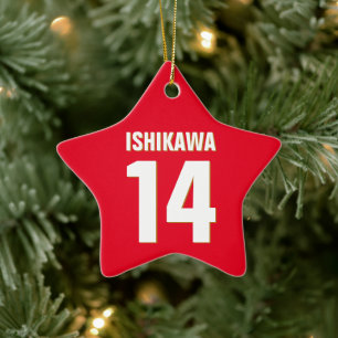 Custom Name, Number, Colors. Sports Fans Red Ceramic Tree Decoration