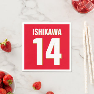 Custom Name, Number, Colors. Sports Fans Red Napkin