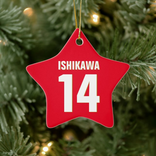 Custom Name, Number, Colours. Sports Fans Red Ceramic Tree Decoration (Tree)