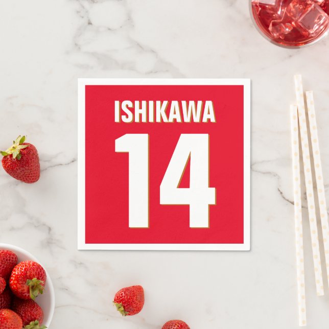 Custom Name, Number, Colours. Sports Fans Red Napkin (Insitu)