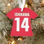 Custom Name, Number, Colours. Sports Fans Red Shir Ornament<br><div class="desc">Personalise with name,  number,  and colours of your choice!</div>