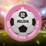 Custom Name Number Message Soccer Ball Ceramic Tree Decoration<br><div class="desc">Personalised name,  number and message soccer gift. You can customise the background colour to match your favourite team. Designed by Thisisnotme©</div>