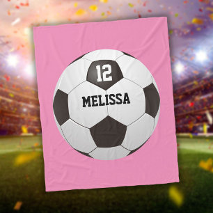 Custom Name Number Soccer Ball Pink Fleece Blanket
