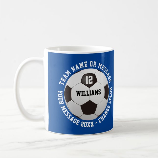 Custom Name Number Team Name Soccer Ball Coffee Mug (Left)