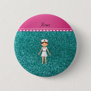 Custom name nurse pastel robin egg blue glitter 6 cm round badge