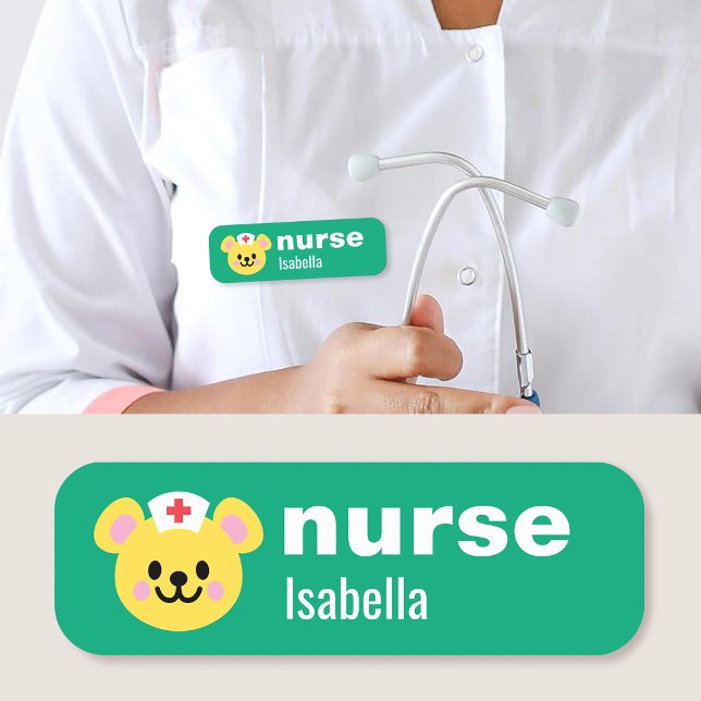 Custom Name Nurse Tag Simple Cute Bear Green (Creator Uploaded)