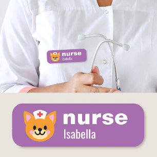 Custom Name Nurse Tag Simple Cute Cat Purple