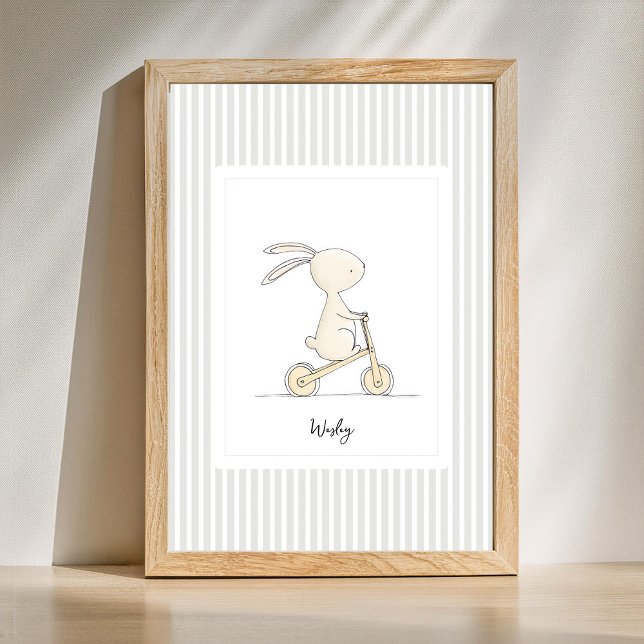 Custom Name Nursery - Cute Bunny Stripes Poster (personalized cute animal nursery poster)