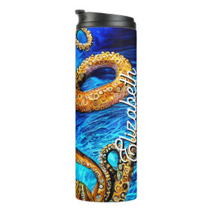 Custom Name Octopus Blue Ocean Wave Minimalism Thermal Tumbler