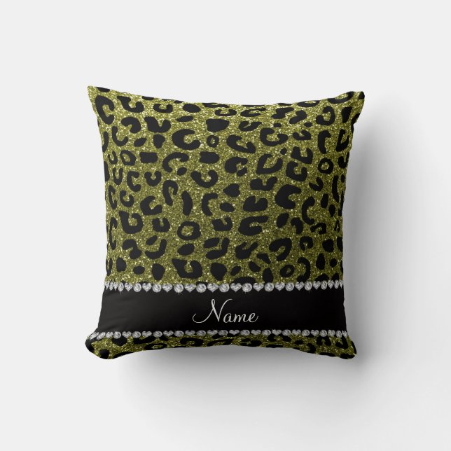 Custom name olive green glitter cheetah print cushion (Front)
