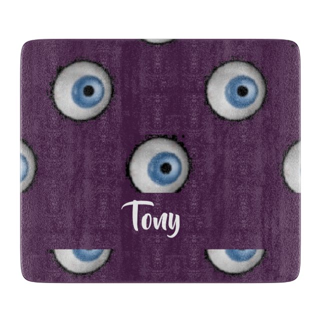 Custom name on big eyes on purple cutting board (Front)