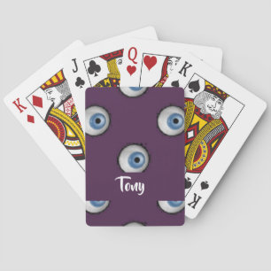 Custom name on big eyes on purple playing cards