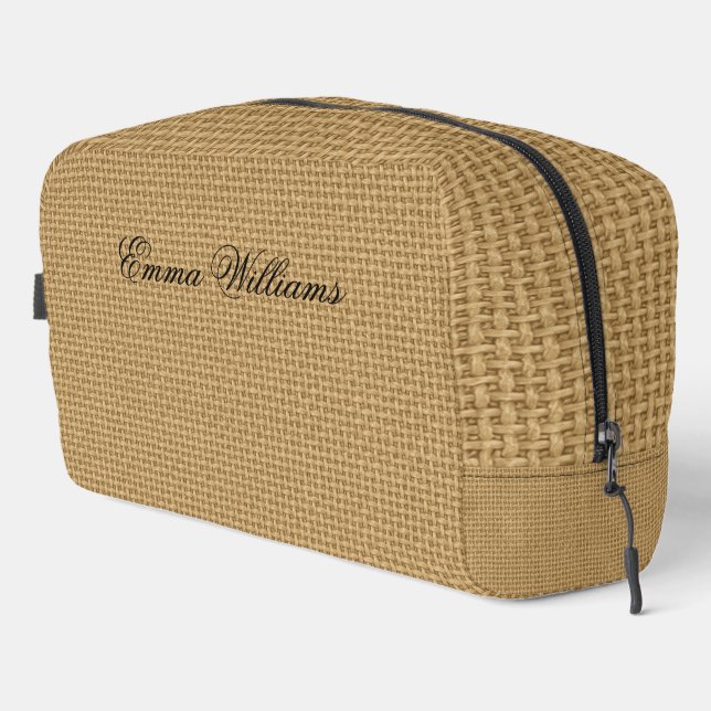Custom Name on Natural Jute Burlap Fabric Textured Dopp Kit (Right Corner)