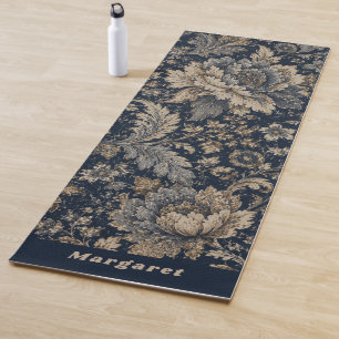 Custom Name on Navy Gold Botanical Textile Pattern Yoga Mat