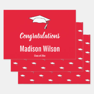 Custom Name on Red Graduation Congratulations Wrapping Paper Sheet