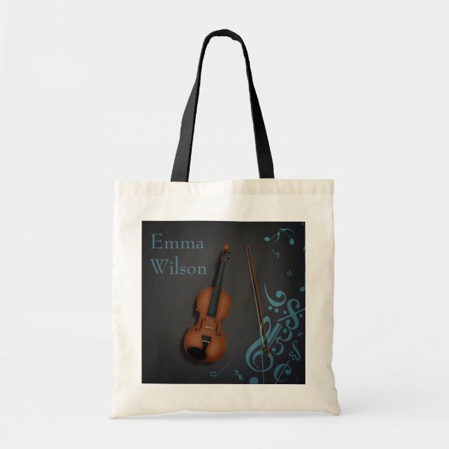 Custom Name or Message violin on Black & Turquoise Tote Bag (Front)
