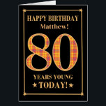 Custom Name or Relation 80th Birthday Tartan Card<br><div class="desc">A chic 80th birthday card for you to customise with the name of relationship of the recipient. The numbers, 80, are filled with a yellow, orange and red tartan pattern and outlined in gold-effect. The front cover message is, 'HAPPY BIRTHDAY, followed by a space for your customisation, 80 years young...</div>