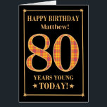 Custom Name or Relation 80th Birthday Tartan Card<br><div class="desc">A chic 80th birthday card for you to customise with the name of relationship of the recipient. The numbers, 80, are filled with a yellow, orange and red tartan pattern and outlined in gold-effect. The front cover message is, 'HAPPY BIRTHDAY, followed by a space for your customisation, 80 years young...</div>