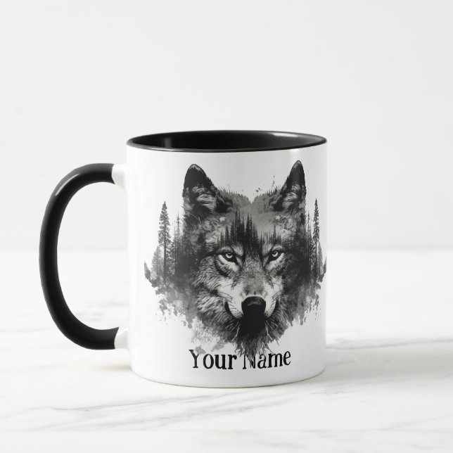 Custom Name or Text Wolf watercolor Animal Mug (Left)
