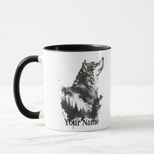 Custom Name or Text Wolf watercolor Animal Mug (Left)