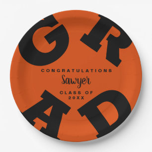 Custom Name Orange and Black Graduation Paper Plate