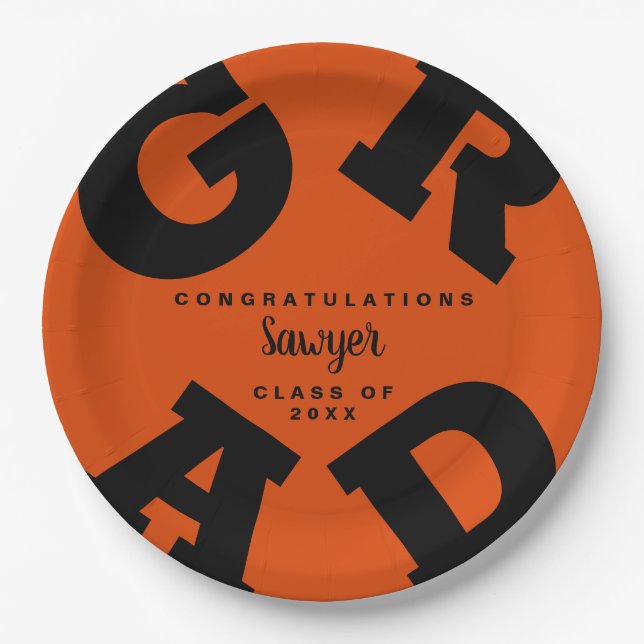 Custom Name Orange and Black Graduation Paper Plate (Front)