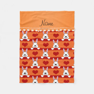 Custom name orange bunnies red hearts stripes fleece blanket