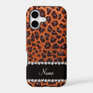 Custom name orange glitter leopard print