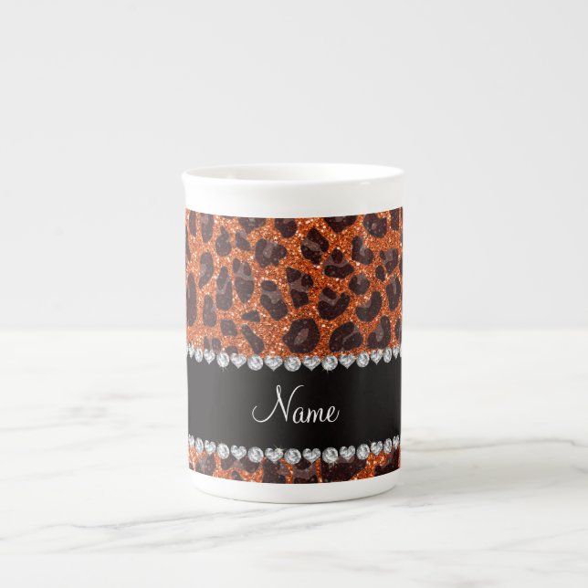 Custom name orange glitter leopard print bone china mug (Front)