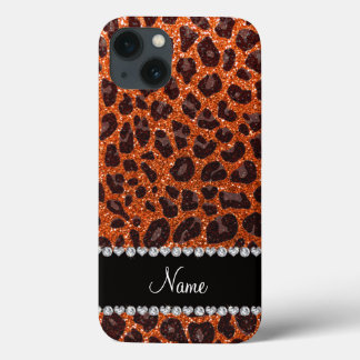 Custom name orange glitter leopard print iPhone 13 case