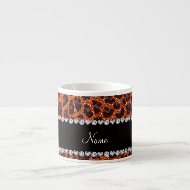 Custom name orange glitter leopard print espresso cup (Front)