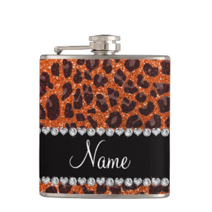 Custom name orange glitter leopard print hip flask