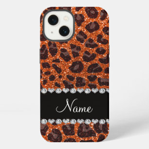 Custom name orange glitter leopard print iPhone 13 case