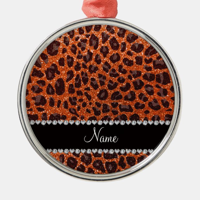 Custom name orange glitter leopard print metal tree decoration (Front)