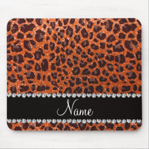Custom name orange glitter leopard print mouse pad