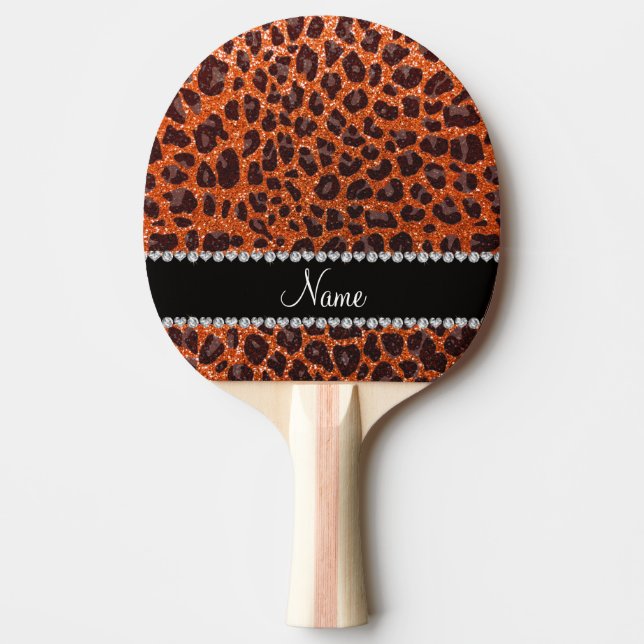 Custom name orange glitter leopard print ping pong paddle (Front)