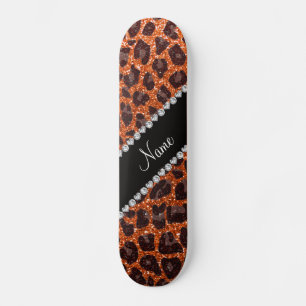 Custom name orange glitter leopard print skateboard