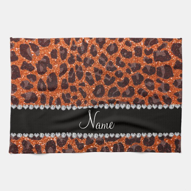 Custom name orange glitter leopard print tea towel (Horizontal)