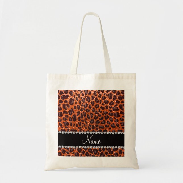 Custom name orange glitter leopard print tote bag (Front)