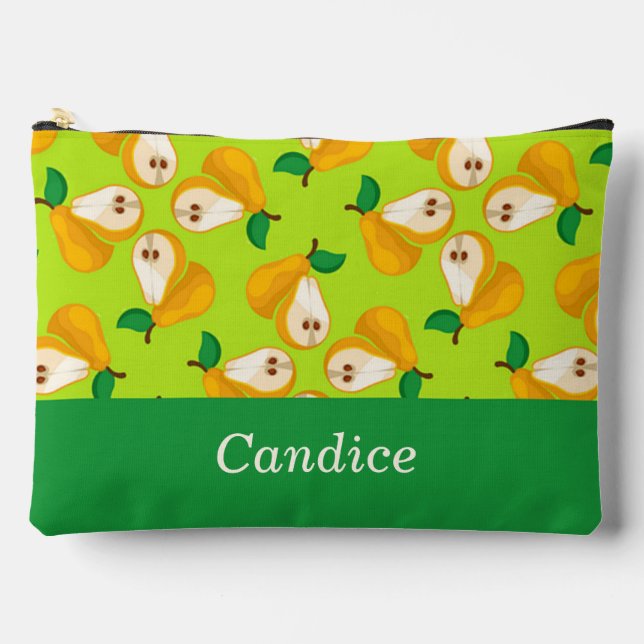 Custom name orange pears on green accessory pouch (Front)